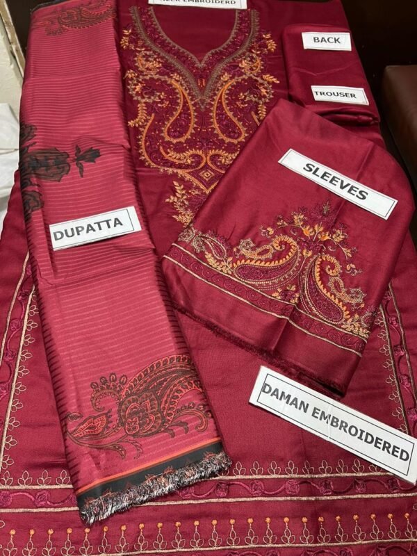 3 Pcs Women's Unstitched Dhanak Embroidered Suit - Image 3