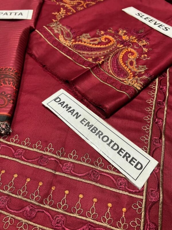 3 Pcs Women's Unstitched Dhanak Embroidered Suit - Image 4