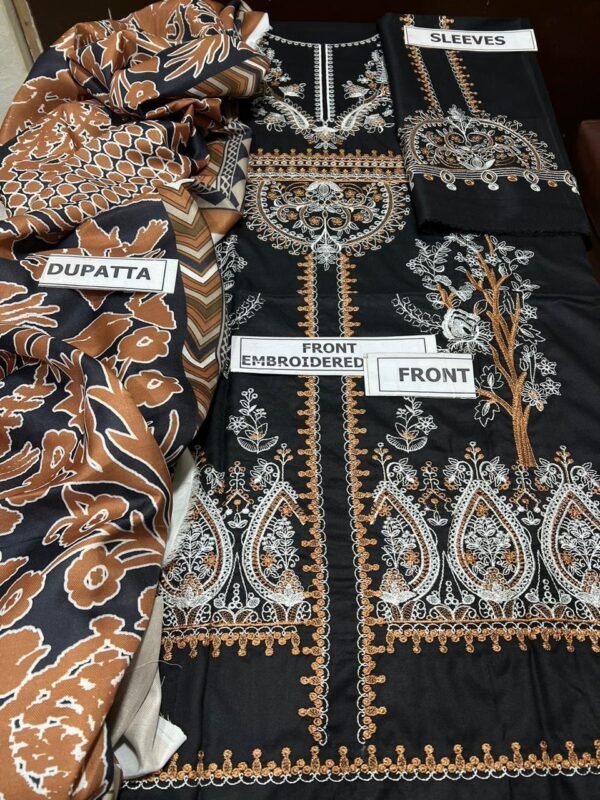 3 Pcs Women's Unstitched Dhanak Embroidered Suit - Image 3