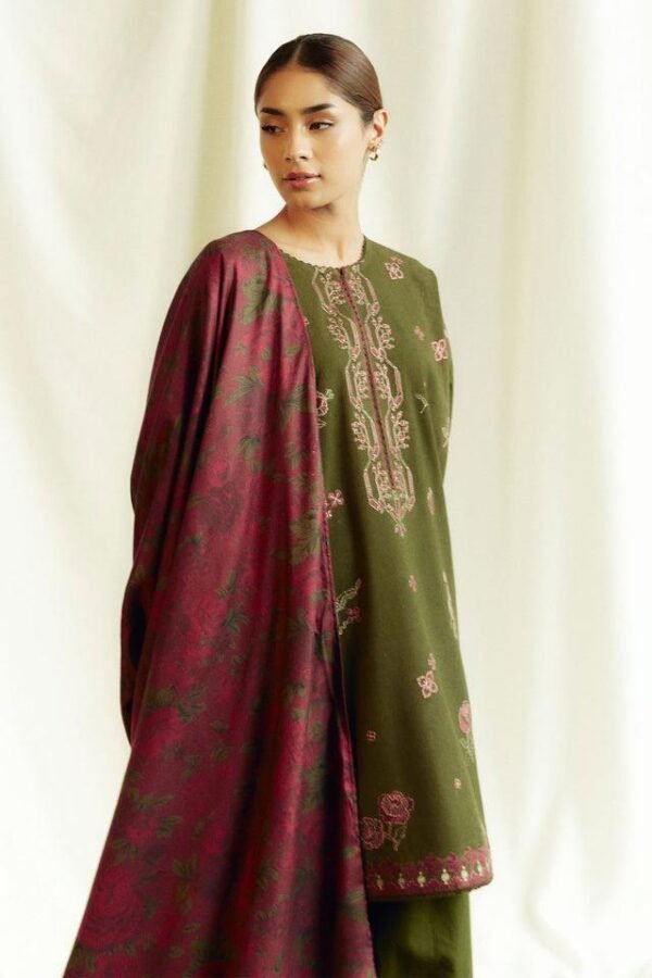 3 Pcs Women's Unstitched Dhanak Embroidered Suit - Image 2