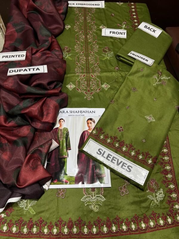3 Pcs Women's Unstitched Dhanak Embroidered Suit - Image 3