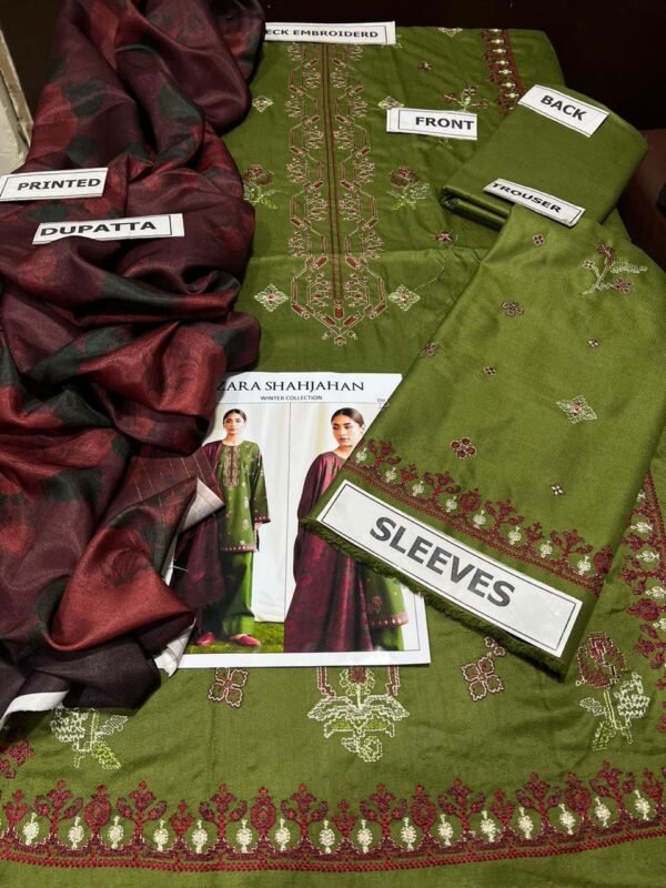 3 Pcs Women's Unstitched Dhanak Embroidered Suit - Image 4