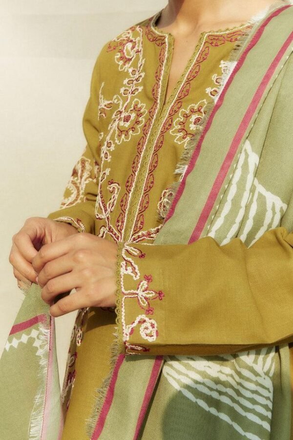 3 Pcs Women's Unstitched Dhanak Embroidered Suit - Image 2