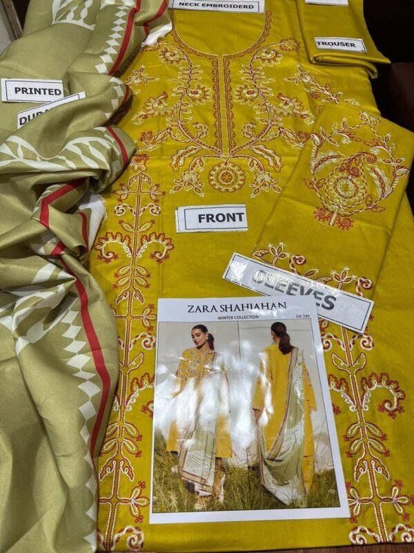 3 Pcs Women's Unstitched Dhanak Embroidered Suit - Image 3